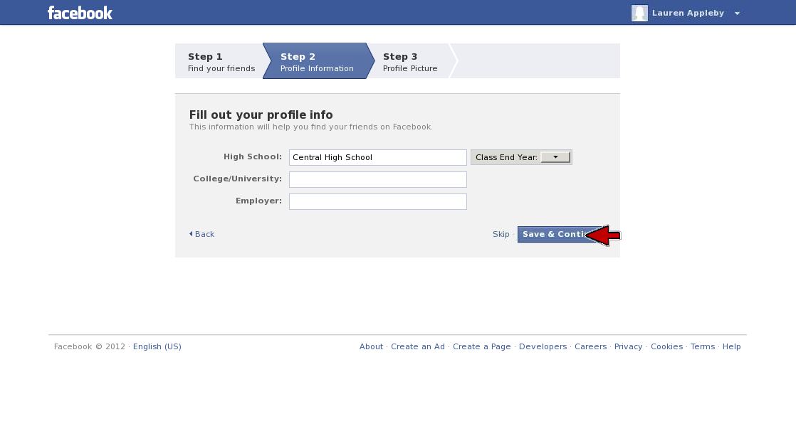 Facebook enter info page