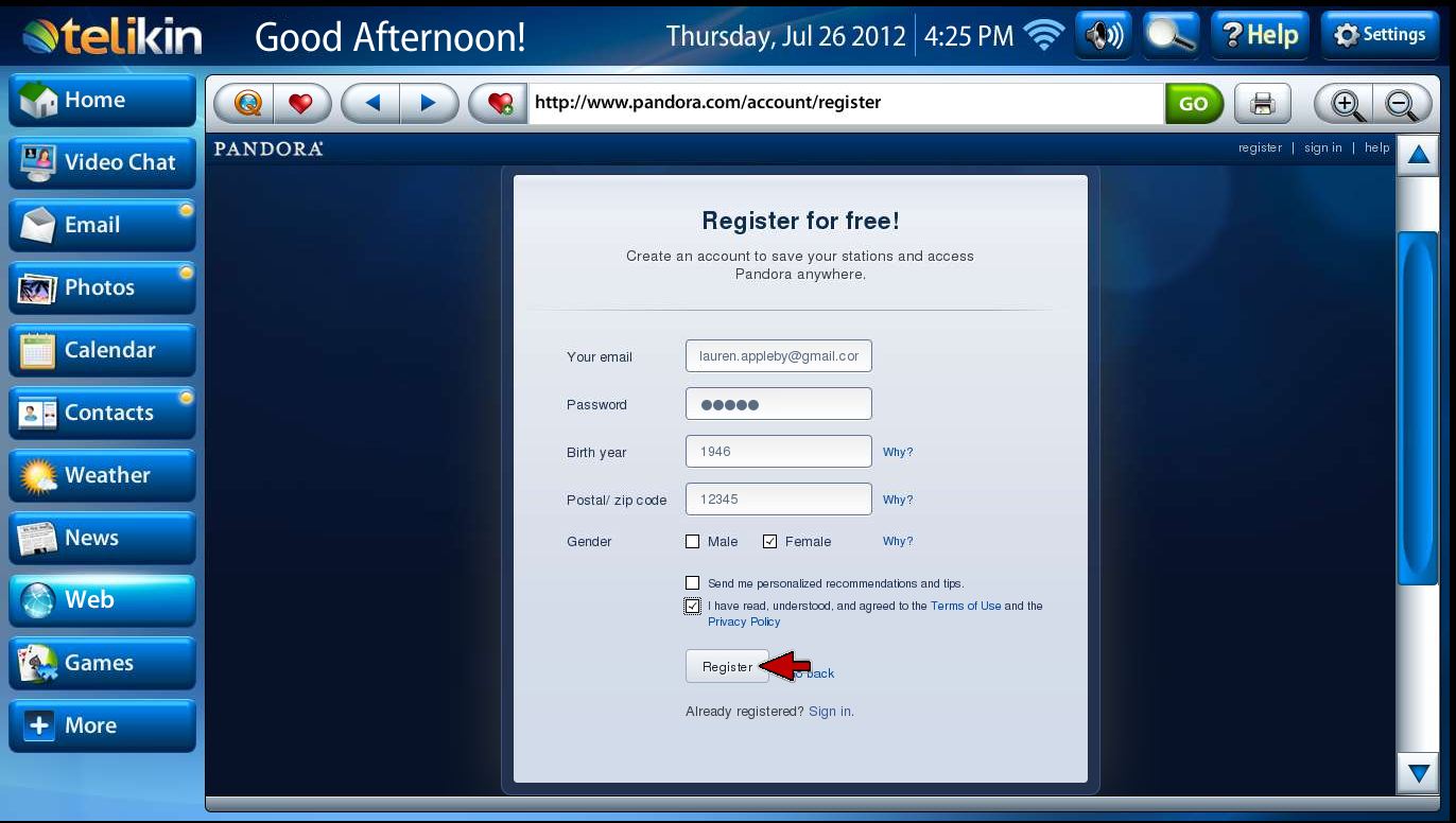 Pandora register screen